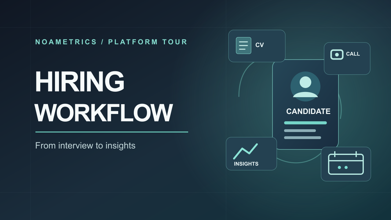 Illustration of resumes, interview screens, and candidate insights in a hiring workflow