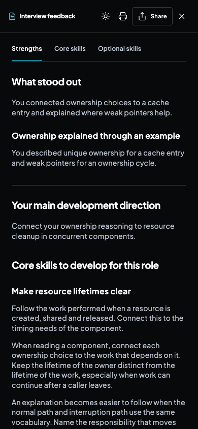 Mobile preview of a candidate interview feedback report with Strengths, Core skills, and Optional skills sections